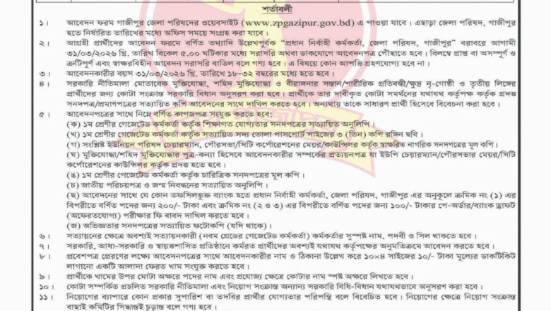 গাজীপুর জেলা পরিষদ নিয়োগ বিজ্ঞপ্তি ২০২৬ Gazipur Zila Parishad Job